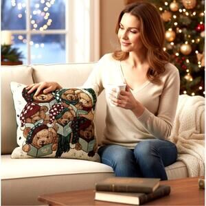 Vintage Christmas Teddy Bear Choir Pillow Holiday Decor 15 x 15" Singing Bears